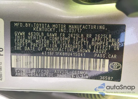 2017 Toyota Camry Le z USA, uszkodzony, nr VIN 4T1BF1FK8HU415041